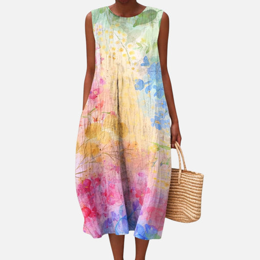 Marguerite | Rainbow Watercolour Sleeveless Midi Dress
