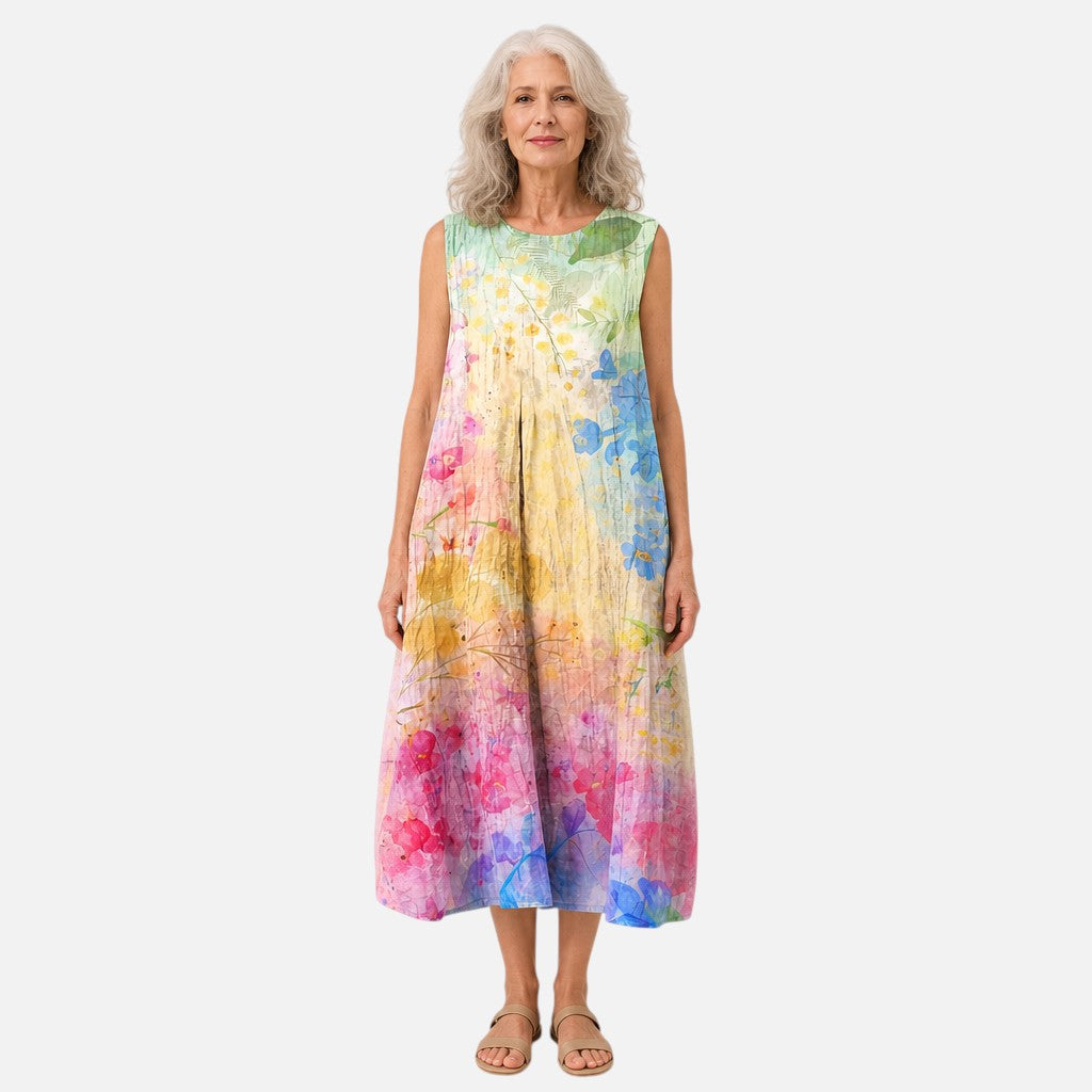 Marguerite | Rainbow Watercolour Sleeveless Midi Dress