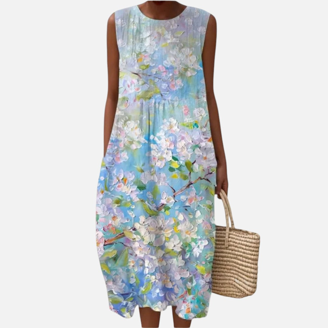 Frederica | Watercolour Blossom Sleeveless Midi Dress