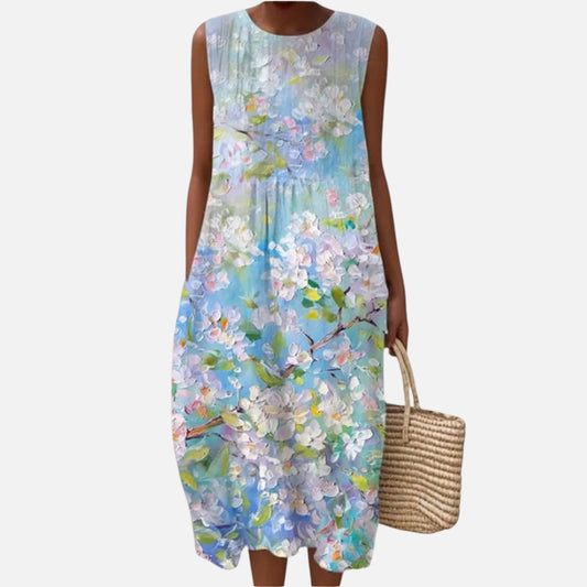 Frederica | Watercolour Blossom Sleeveless Midi Dress