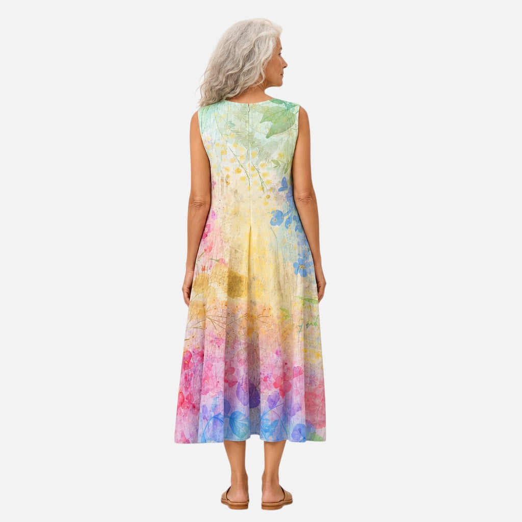Marguerite | Rainbow Watercolour Sleeveless Midi Dress