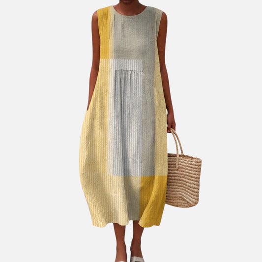 Katie | Yellow & Grey Colour Block Sleeveless Midi Dress