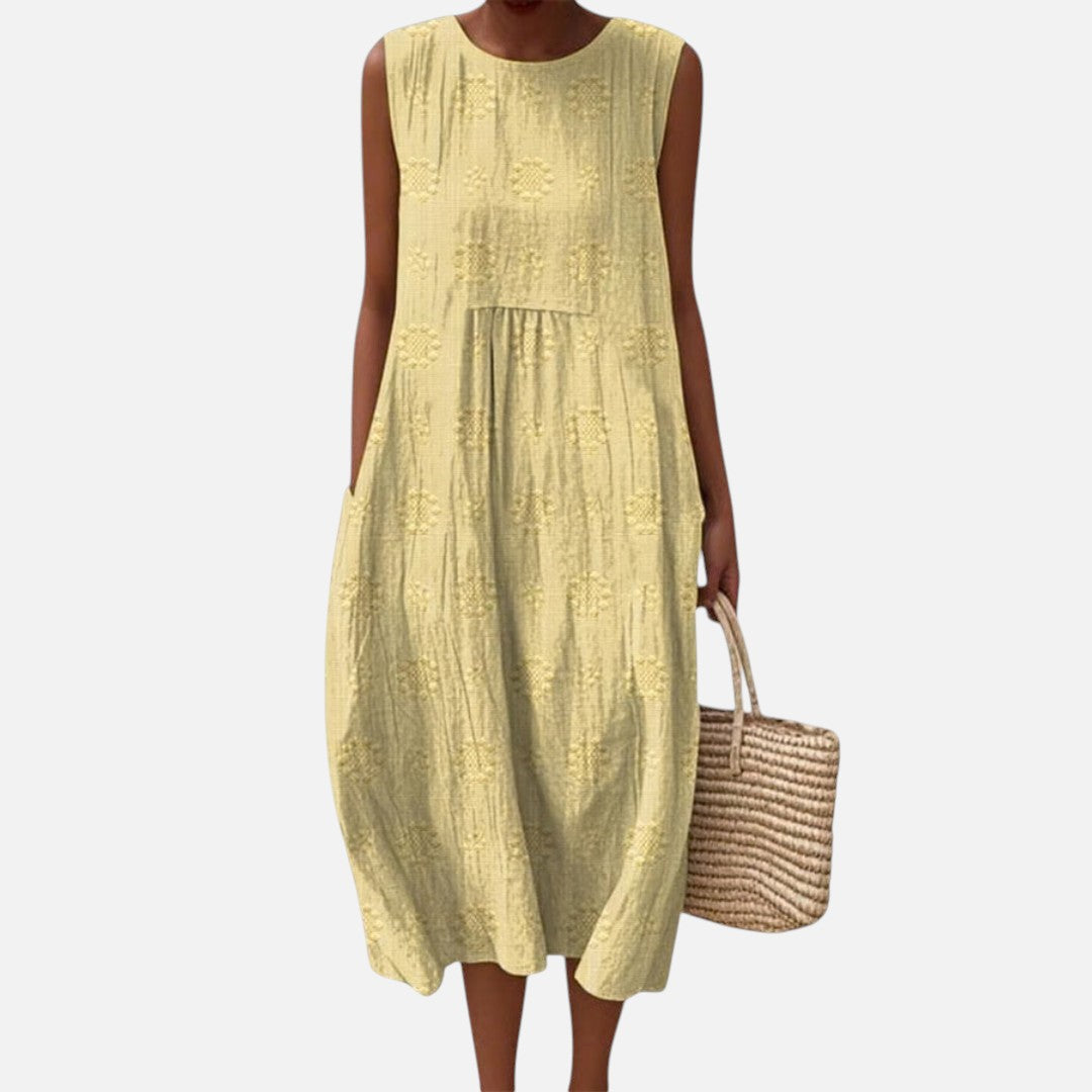 Thea | Lemon Yellow Textured Sleeveless Midi Dress