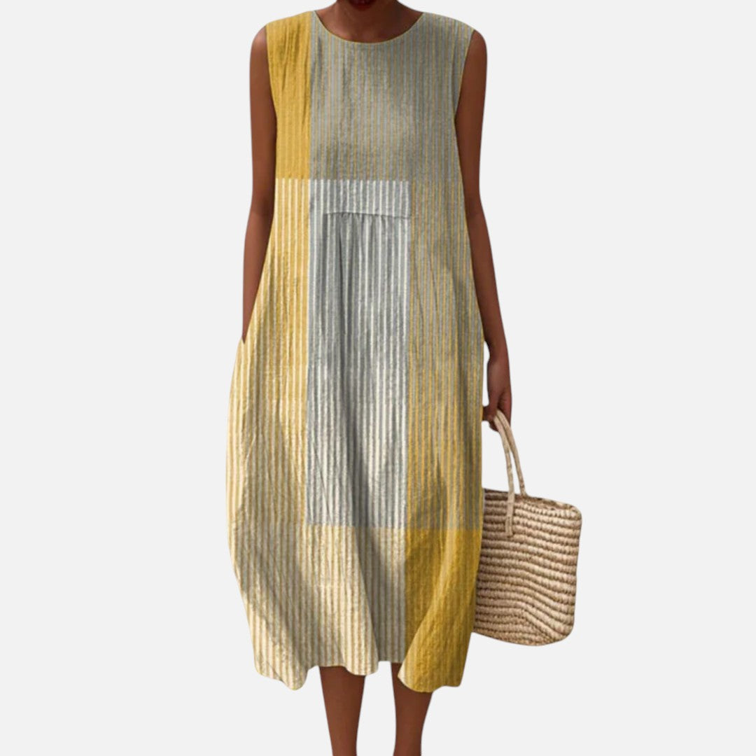 Dorothea | Yellow & Natural Stripe Sleeveless Midi Dress