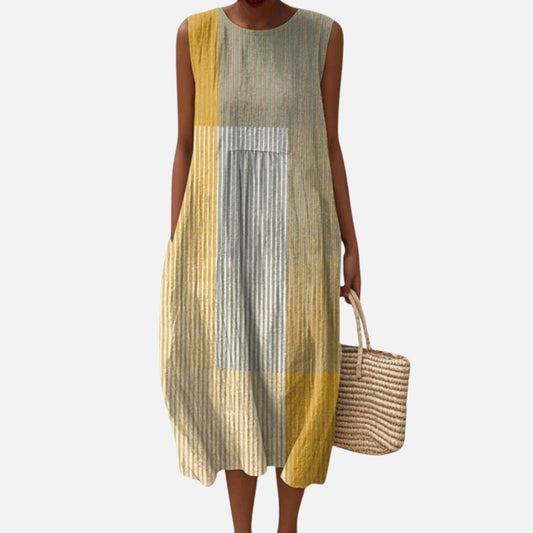 Dorothea | Yellow & Natural Stripe Sleeveless Midi Dress