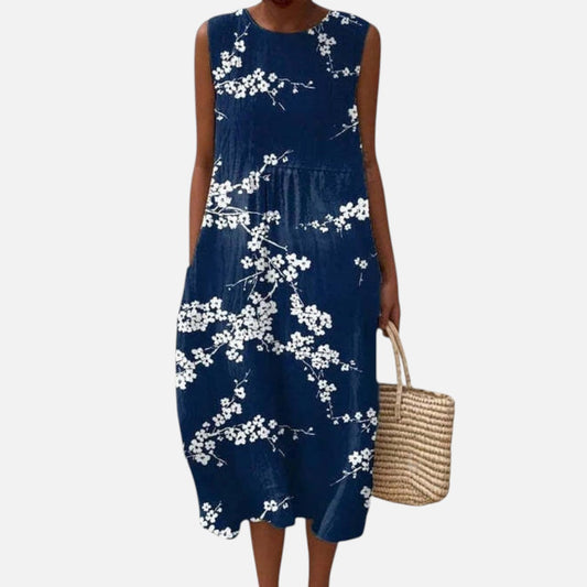 Effie | Navy Cherry Blossom Sleeveless Midi Dress