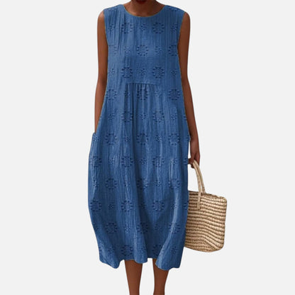 Harriet | Blue Broderie-Style Sleeveless Midi Dress