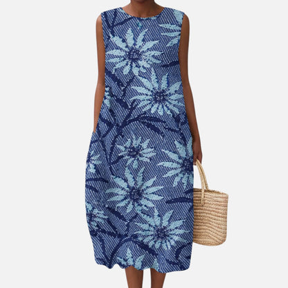 Olwen | Blue Floral Print Sleeveless Midi Dress