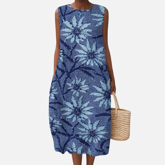 Olwen | Blue Floral Print Sleeveless Midi Dress