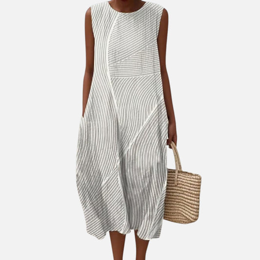 Evelyn | White Textured Stripe Sleeveless Midi Dress