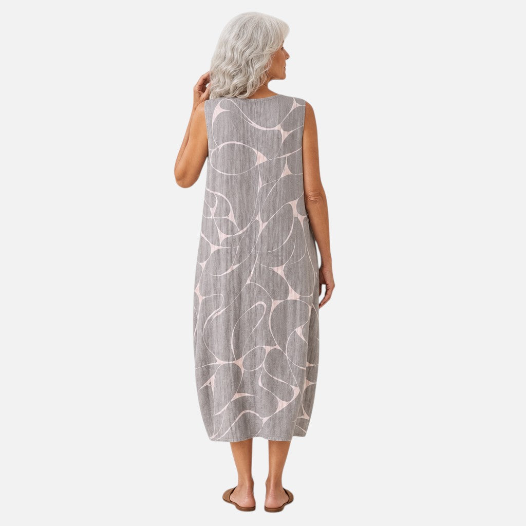 Emmeline | Grey Abstract Swallow Sleeveless Midi Dress
