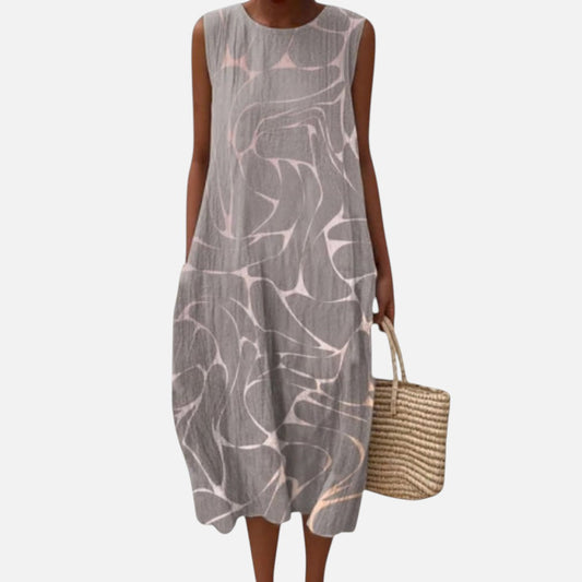 Emmeline | Grey Abstract Swallow Sleeveless Midi Dress