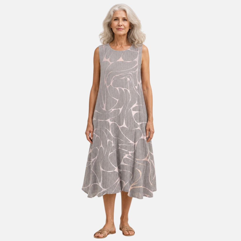 Emmeline | Grey Abstract Swallow Sleeveless Midi Dress