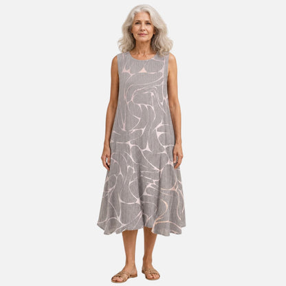 Emmeline | Grey Abstract Swallow Sleeveless Midi Dress