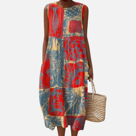Freda | Red & Blue Collage Print Sleeveless Midi Dress