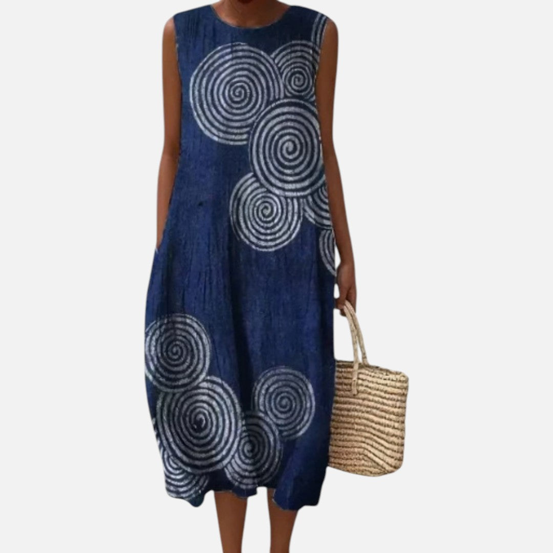 Beth | Navy Spiral Print Sleeveless Midi Dress