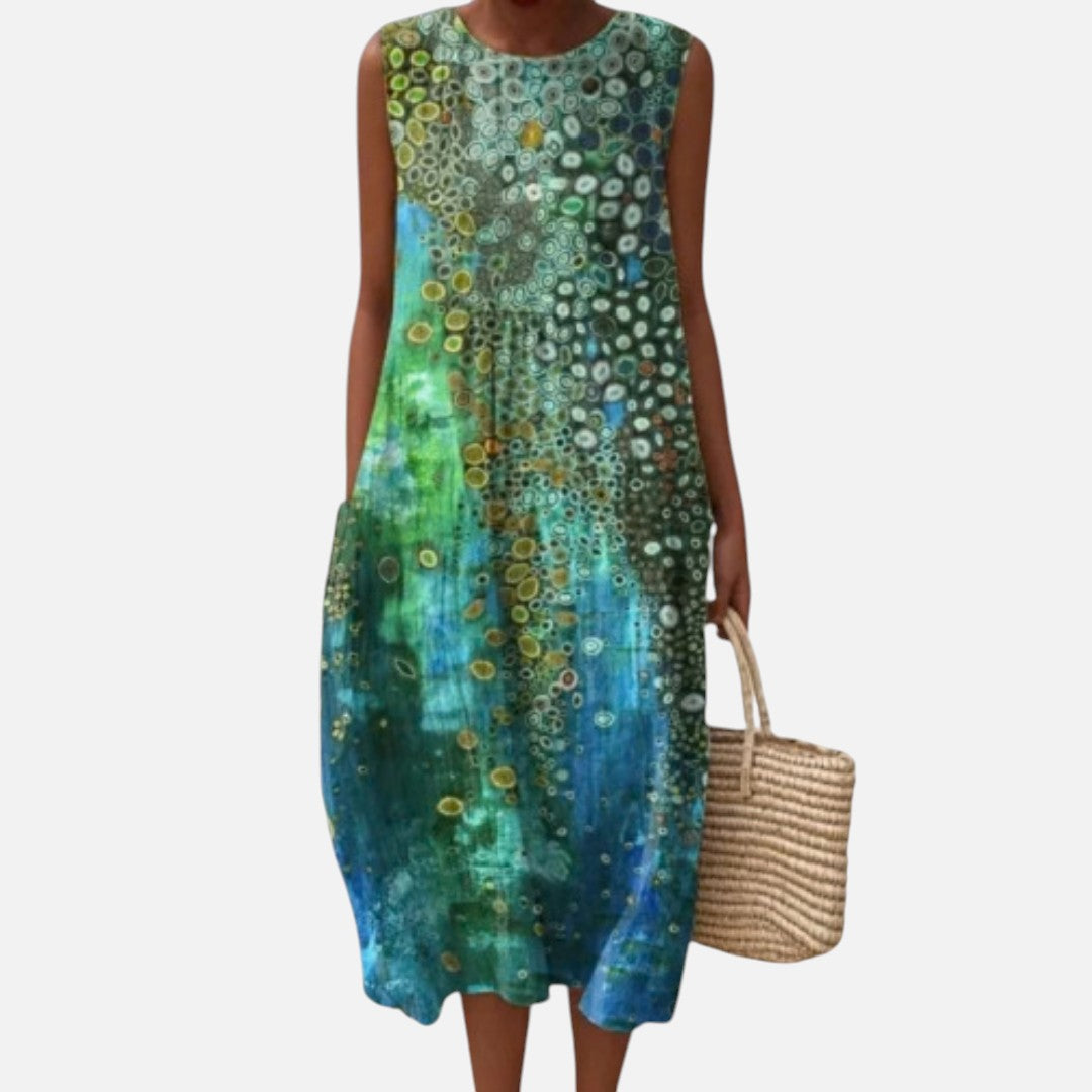 Alma | Green & Blue Circle Print Sleeveless Midi Dress