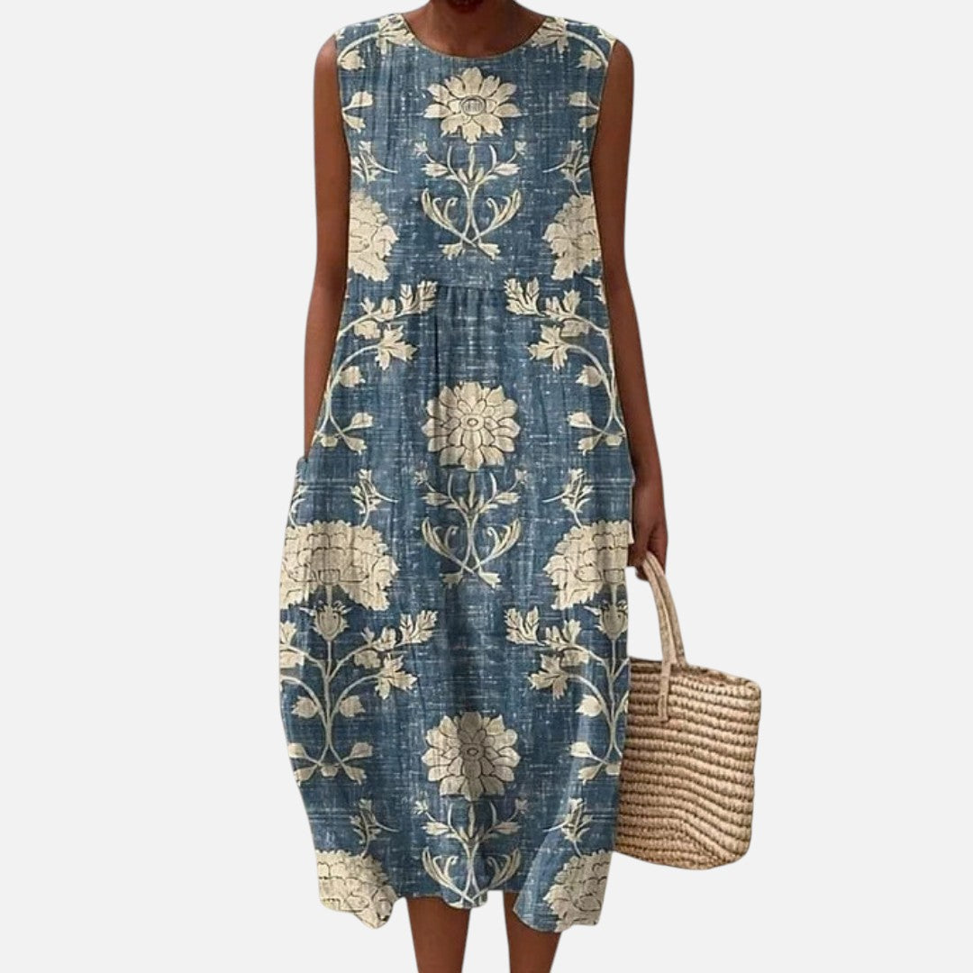 Meredith | Blue Vintage Floral Sleeveless Midi Dress