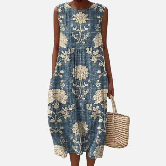Meredith | Blue Vintage Floral Sleeveless Midi Dress
