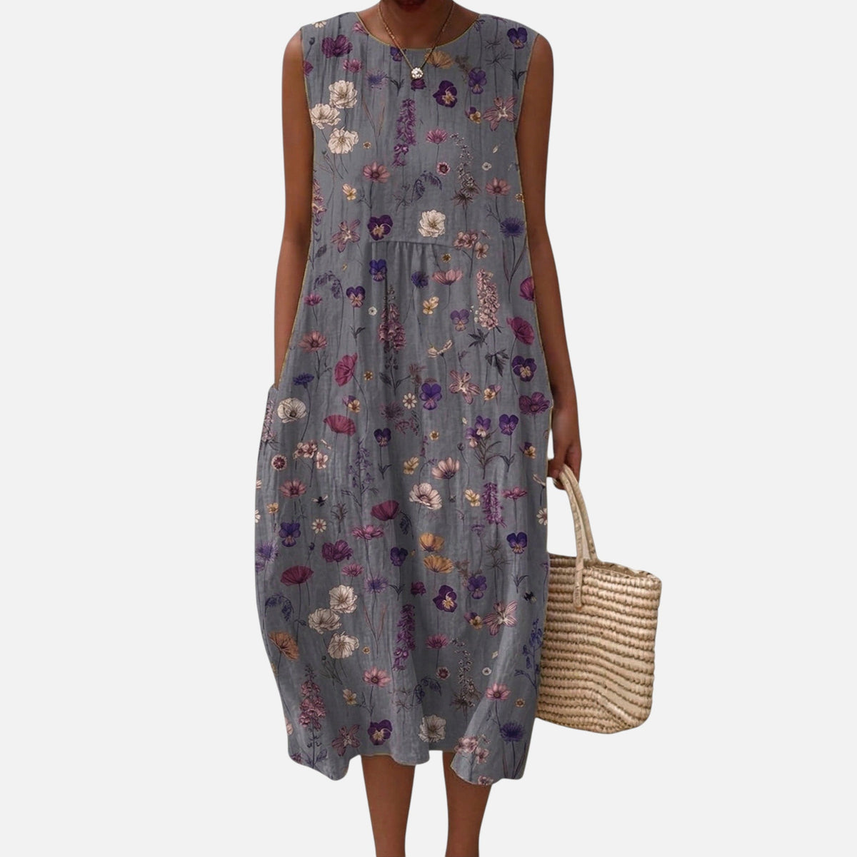Edwina | Grey Ditsy Floral Sleeveless Midi Dress