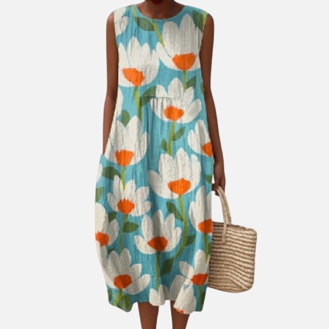 Isadora | Turquoise Poppy Print Sleeveless Midi Dress