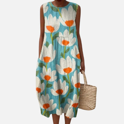 Isadora | Turquoise Poppy Print Sleeveless Midi Dress