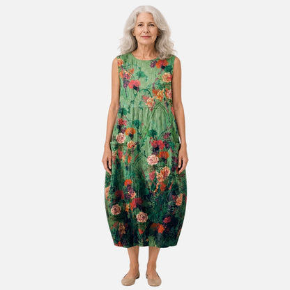 Maud | Dark Green Rose Print Sleeveless Midi Dress