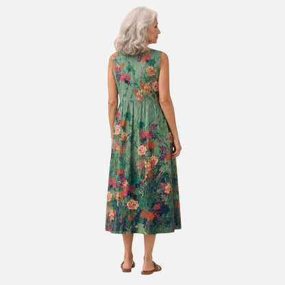 Maud | Dark Green Rose Print Sleeveless Midi Dress