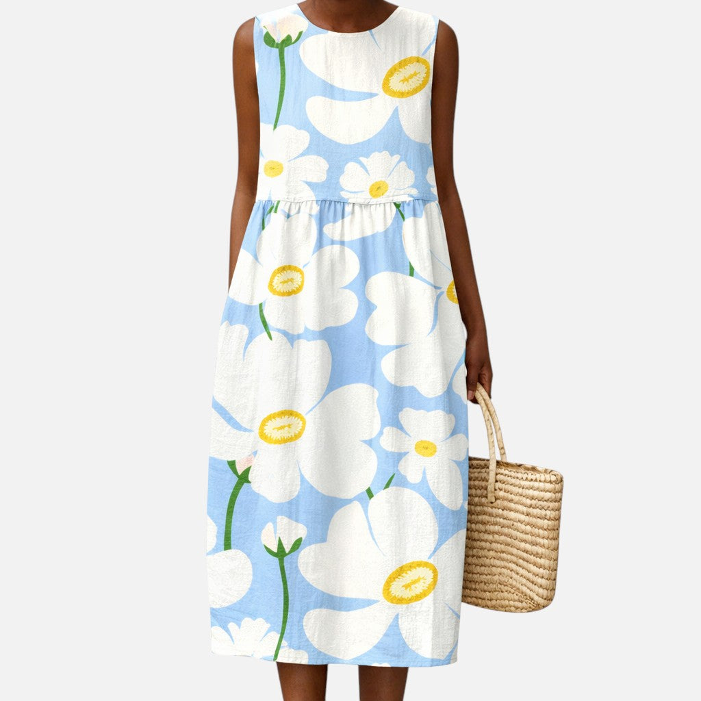 Henrietta | Pale Blue Oversized Floral Sleeveless Midi Dress
