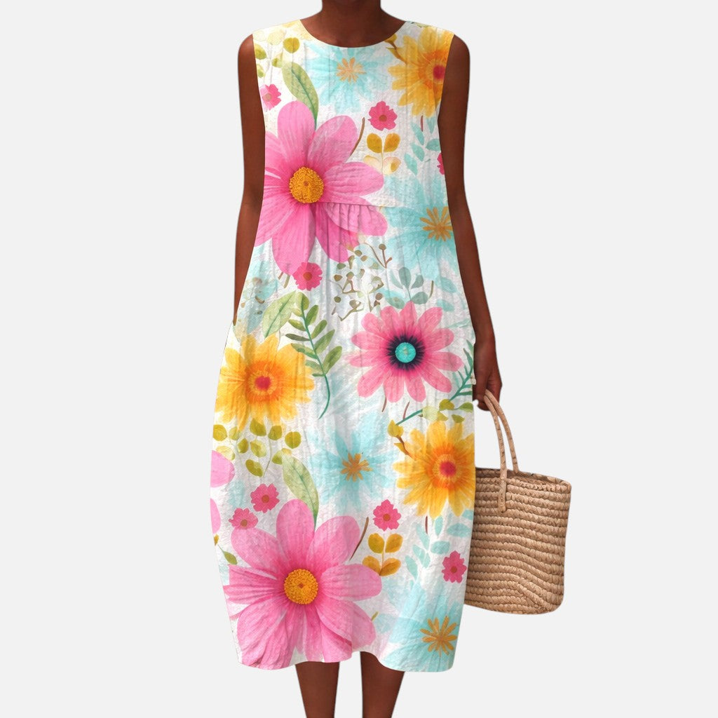 Adelaide | Bright Daisy Print Sleeveless Midi Dress