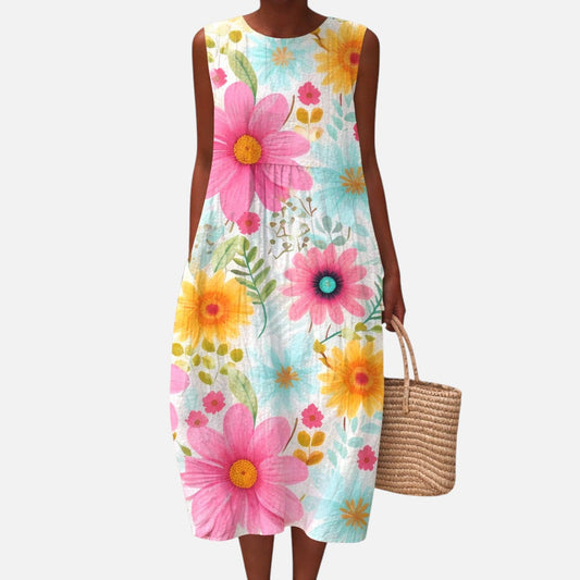 Adelaide | Bright Daisy Print Sleeveless Midi Dress