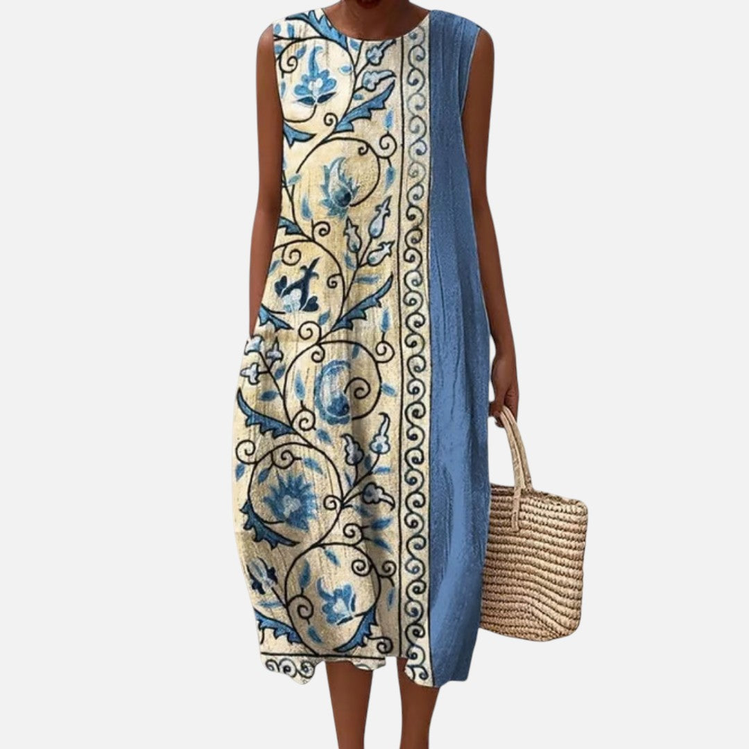 Glenda | Blue Floral Border Sleeveless Midi Dress