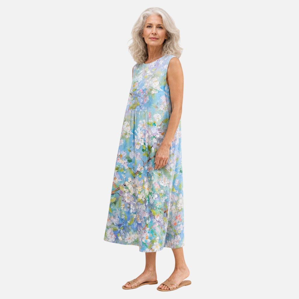 Frederica | Watercolour Blossom Sleeveless Midi Dress