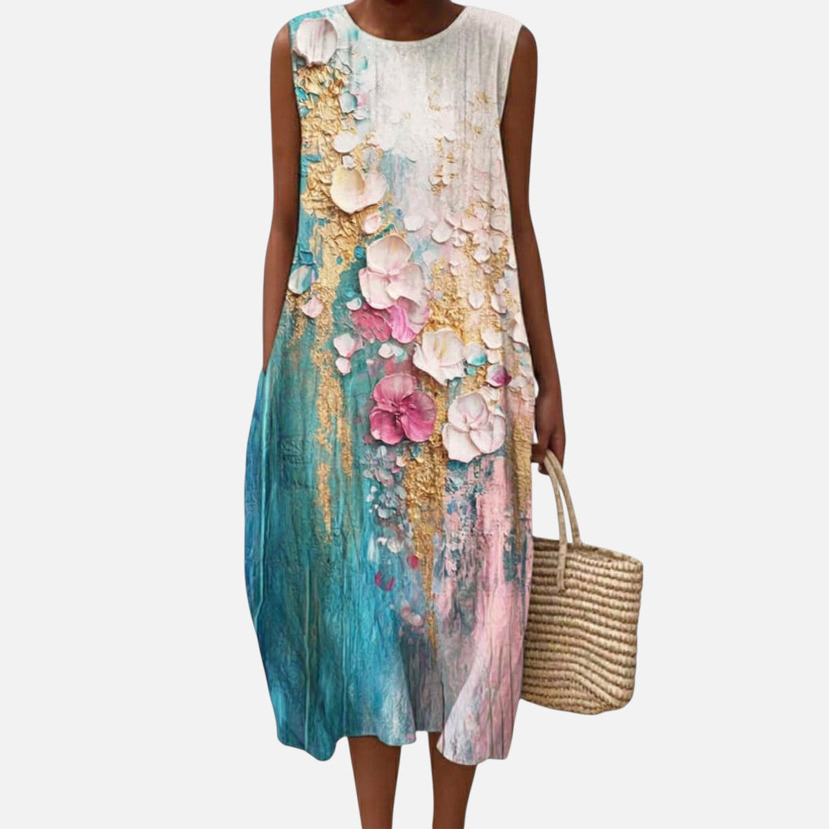 Thelma | Teal Painted Floral Sleeveless Midi Dress