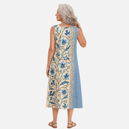 Glenda | Blue Floral Border Sleeveless Midi Dress