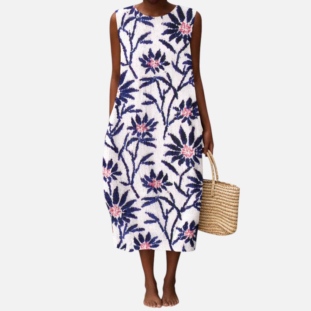Unity | White & Navy Floral Sleeveless Midi Dress