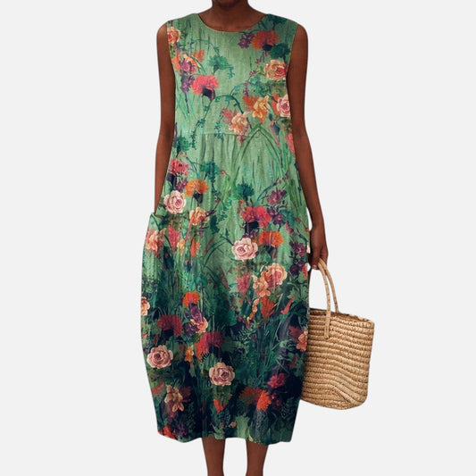 Maud | Dark Green Rose Print Sleeveless Midi Dress