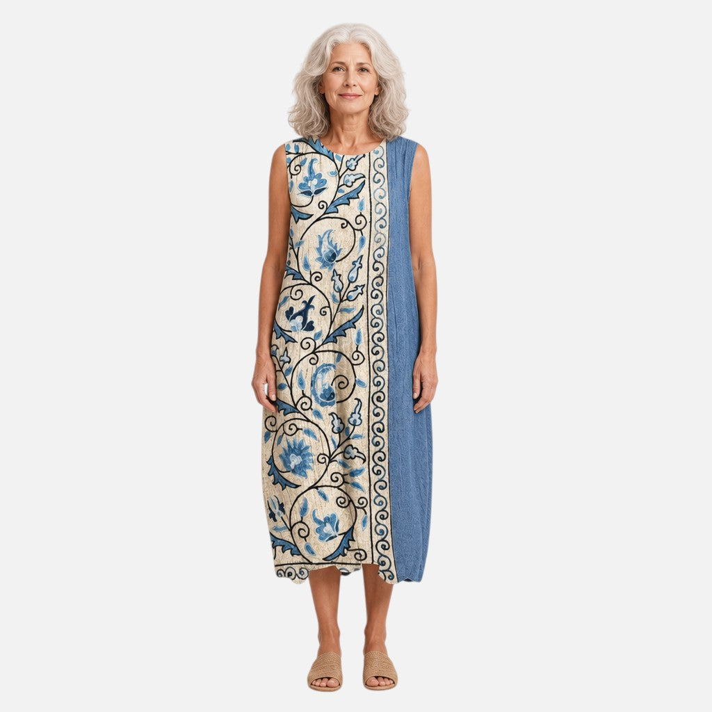 Glenda | Blue Floral Border Sleeveless Midi Dress