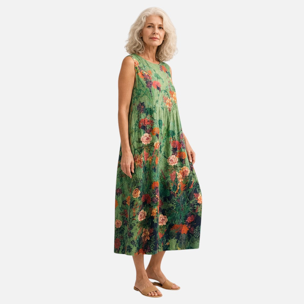 Maud | Dark Green Rose Print Sleeveless Midi Dress