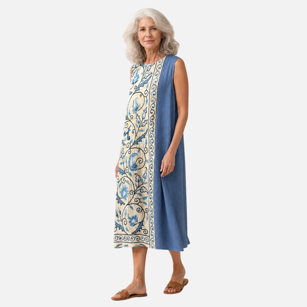 Glenda | Blue Floral Border Sleeveless Midi Dress