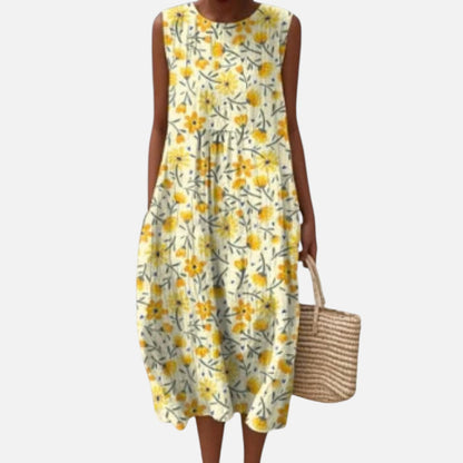 Winifred | Yellow Ditsy Floral Sleeveless Midi Dress