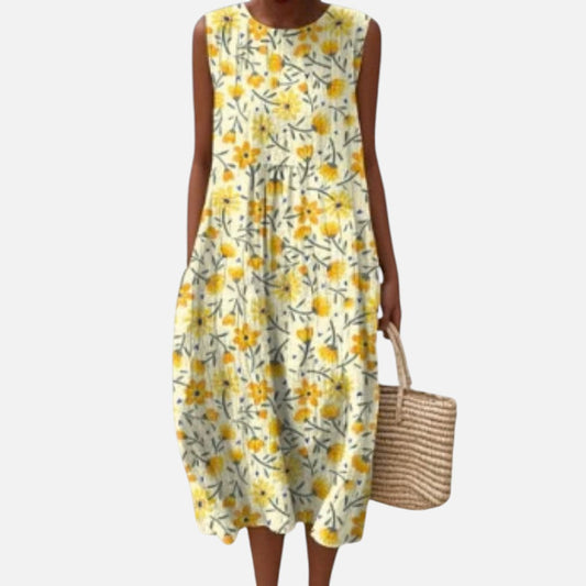 Winifred | Yellow Ditsy Floral Sleeveless Midi Dress