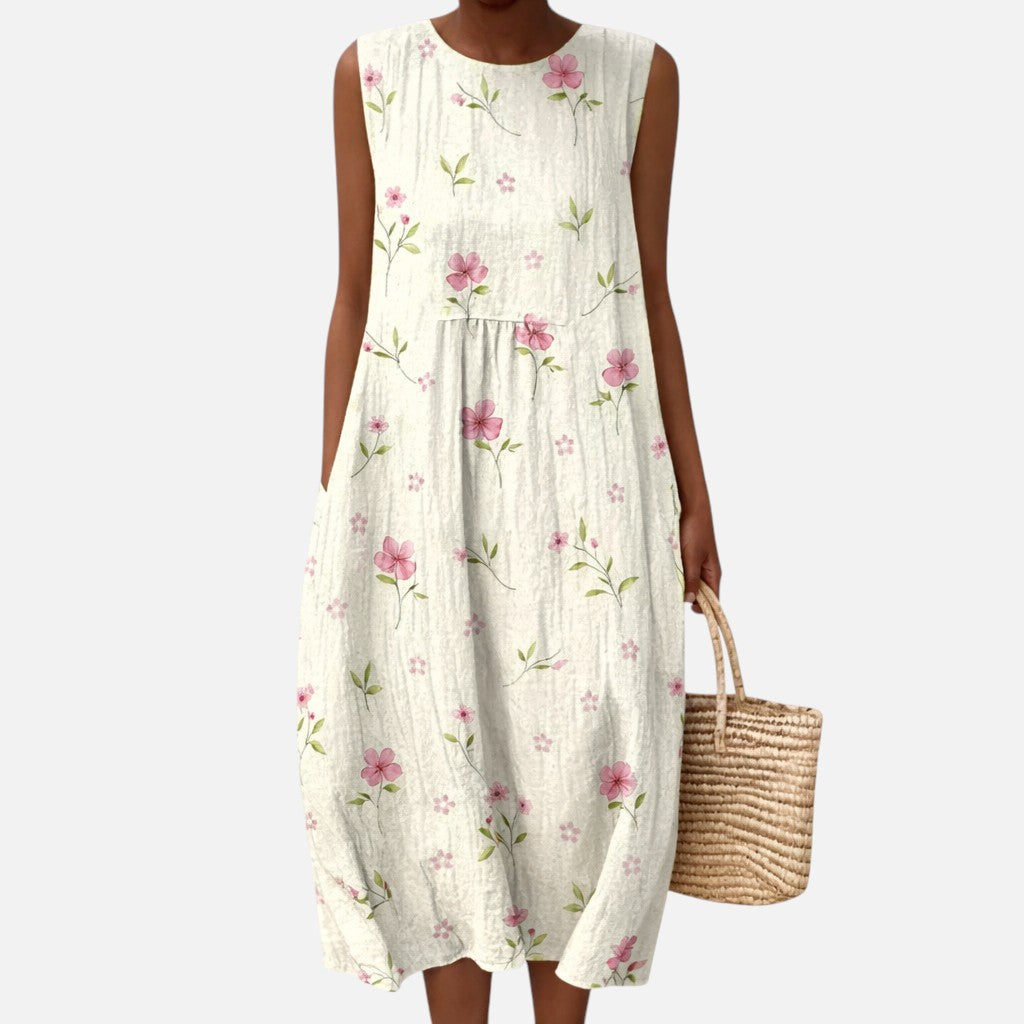 Judith | Ivory Ditsy Floral Sleeveless Midi Dress