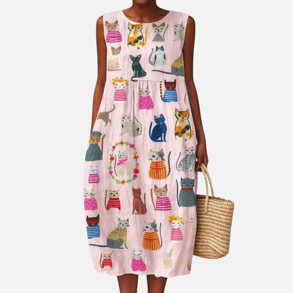 Marjorie | Pink Cat Print Sleeveless Midi Dress