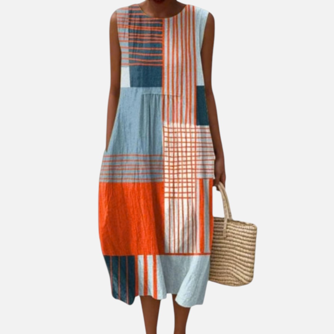 Verity | Orange & Blue Patchwork Sleeveless Midi Dress