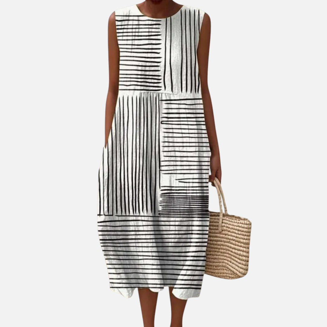 Gladys | Black & White Line Print Sleeveless Midi Dress