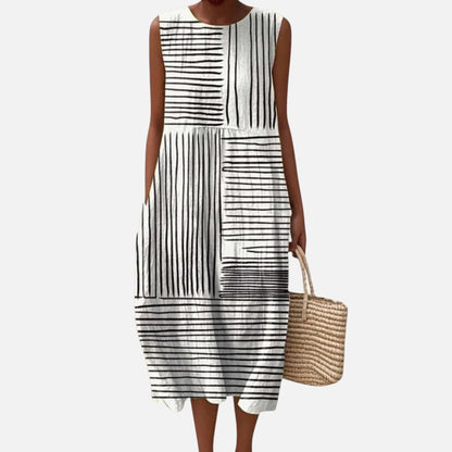 Gladys | Black & White Line Print Sleeveless Midi Dress
