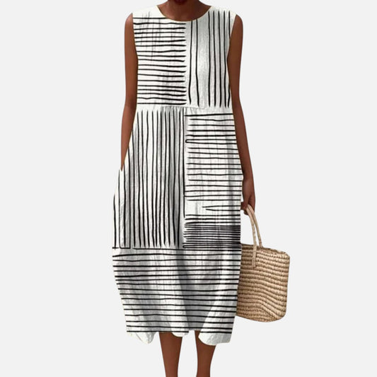 Gladys | Black & White Line Print Sleeveless Midi Dress