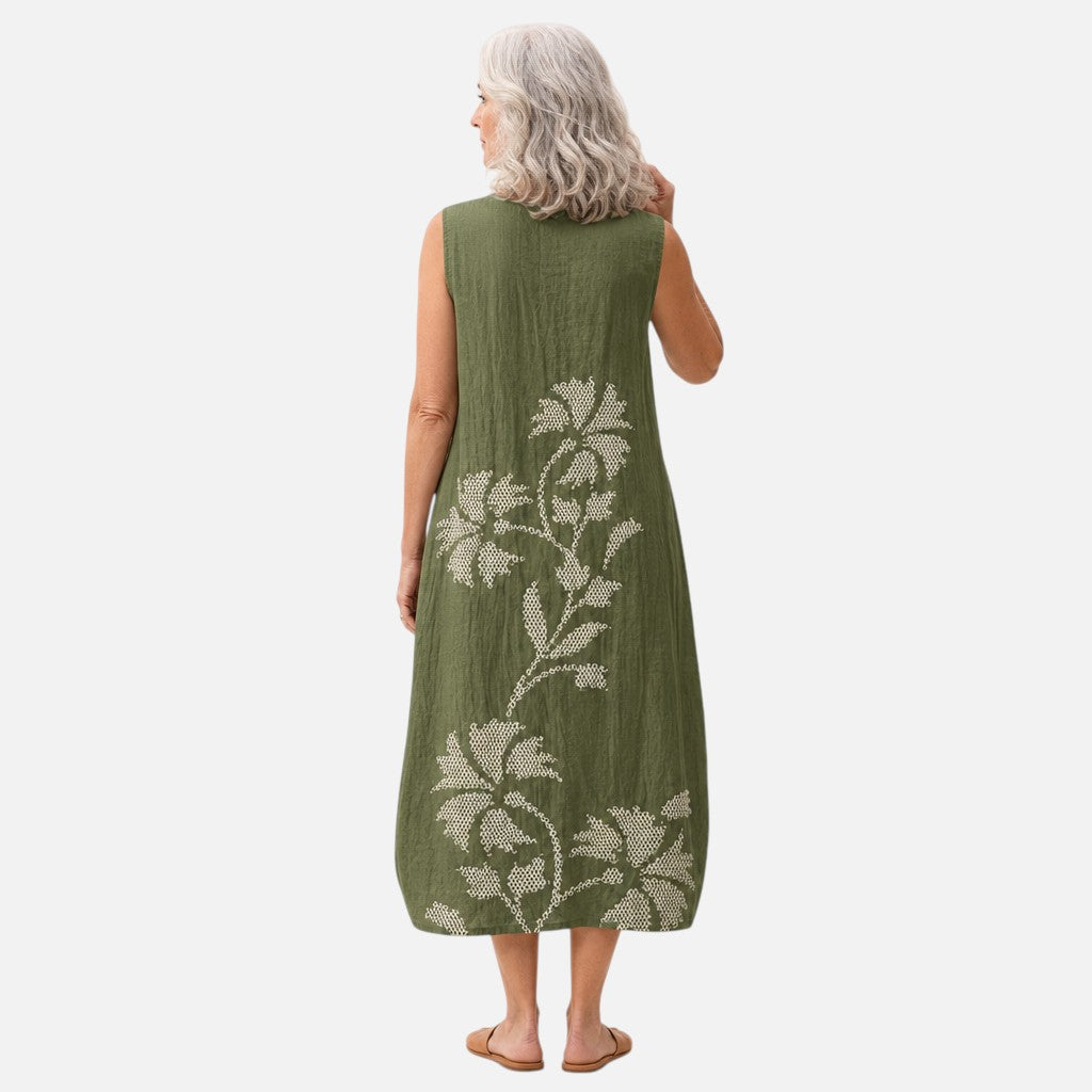 Ellen | Olive Leaf Print Sleeveless Midi Dress