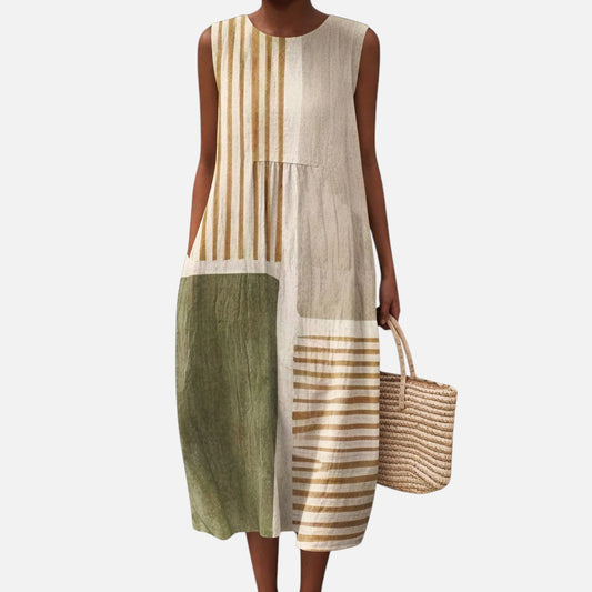 Paula | Olive & Beige Stripe Sleeveless Midi Dress